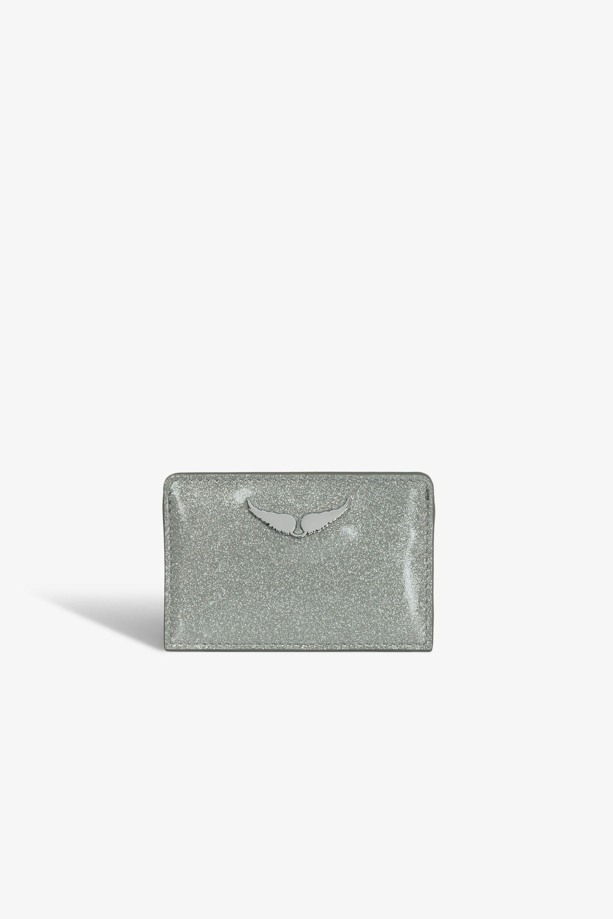 ZV Pass Infinity Patent Card Holder - Silver glitter patent leather card holder with card slots and wings charm.