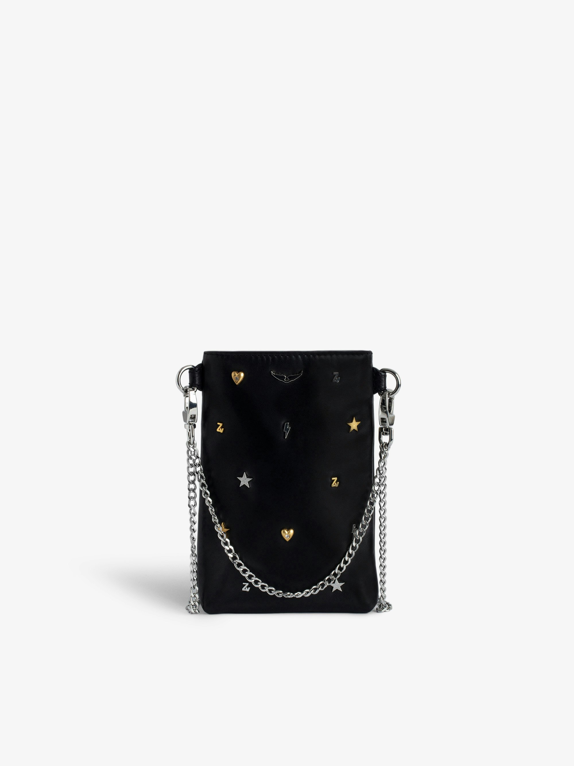 Rock Lucky Charms Pouch Clutch - Women’s black grained leather phone pouch with studs and wings charm.