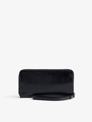 Compagnon Glossy Wild Embossed Wallet - Black python-effect patent leather wallet with wings charm.