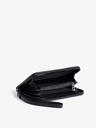 Compagnon Glossy Wild Embossed Wallet - Black python-effect patent leather wallet with wings charm.