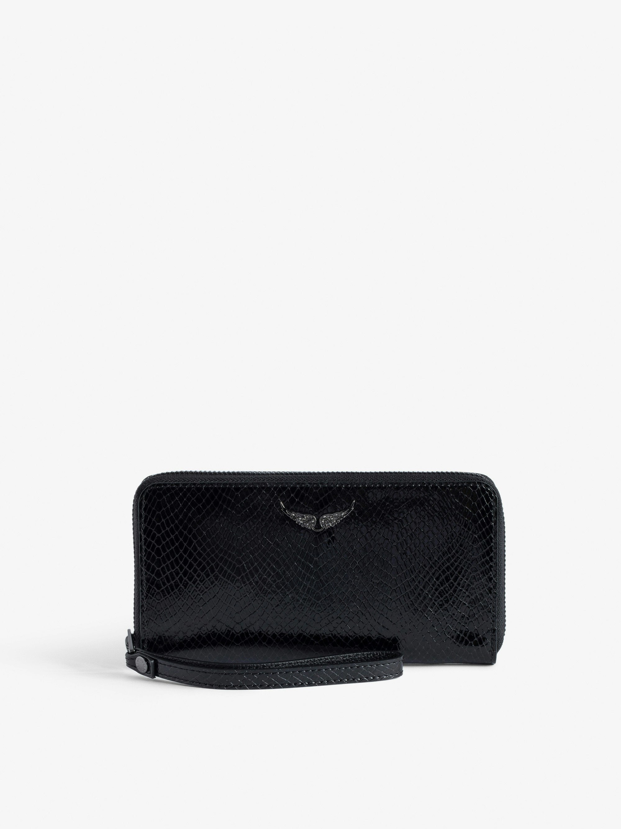 Compagnon Glossy Wild Embossed Wallet - Black python-effect patent leather wallet with wings charm.