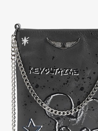 Rock Phone Pouch - Women’s grey grained leather phone pouch with chains and illustrations by Humberto Cruz.