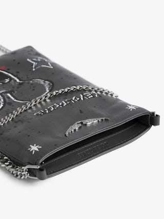 Rock Phone Pouch - Women’s grey grained leather phone pouch with chains and illustrations by Humberto Cruz.