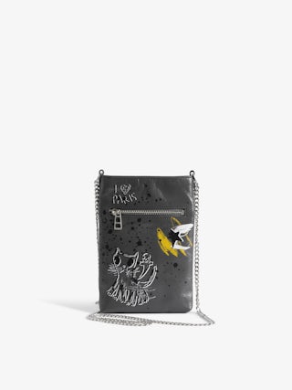 Rock Phone Pouch - Women’s grey grained leather phone pouch with chains and illustrations by Humberto Cruz.