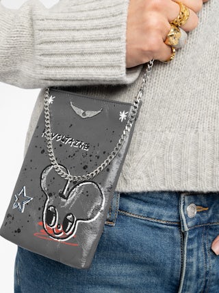 Rock Phone Pouch - Women’s grey grained leather phone pouch with chains and illustrations by Humberto Cruz.