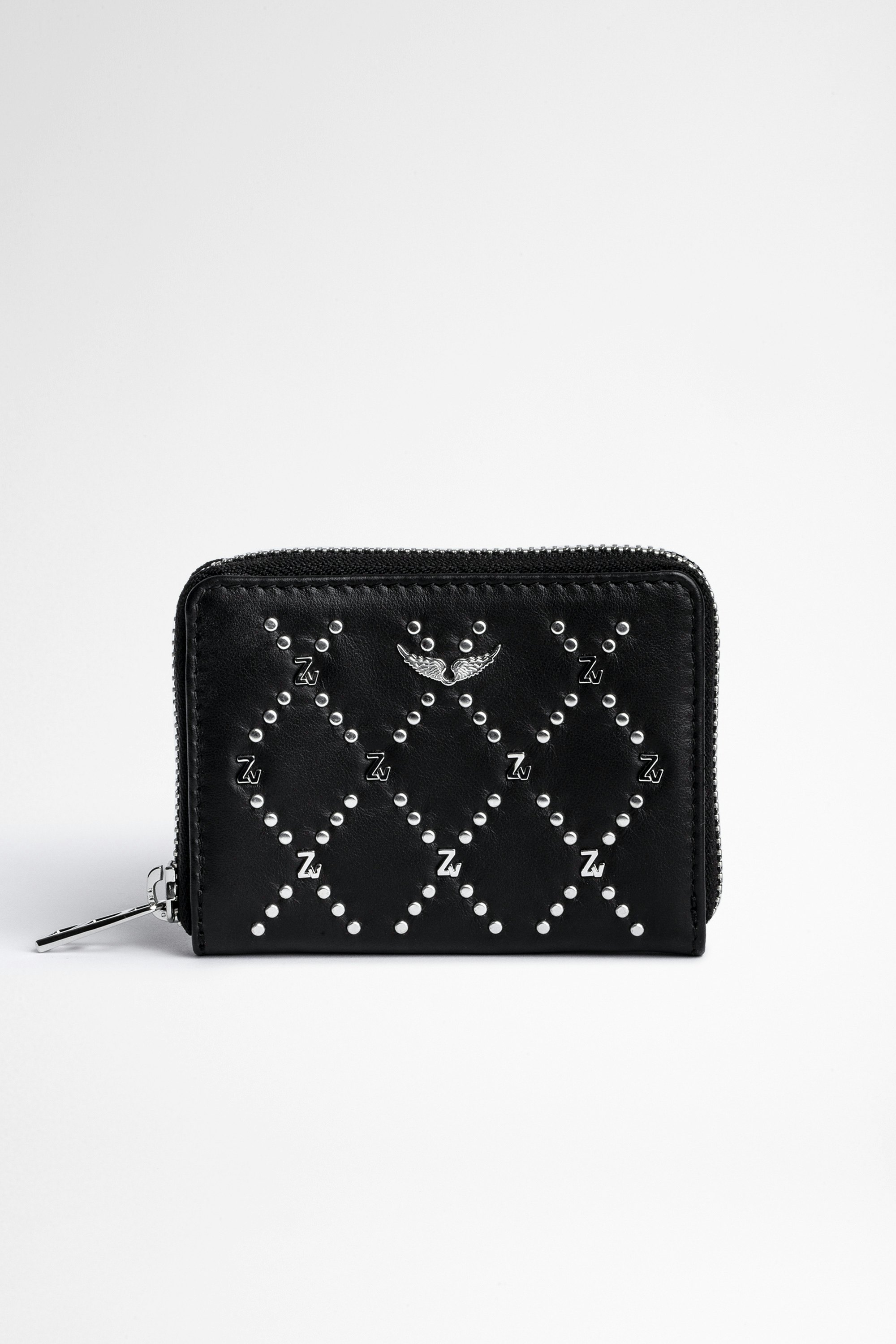 Mini-Brieftasche ZV Damen-Brieftasche aus schwarzem Leder mit Nieten