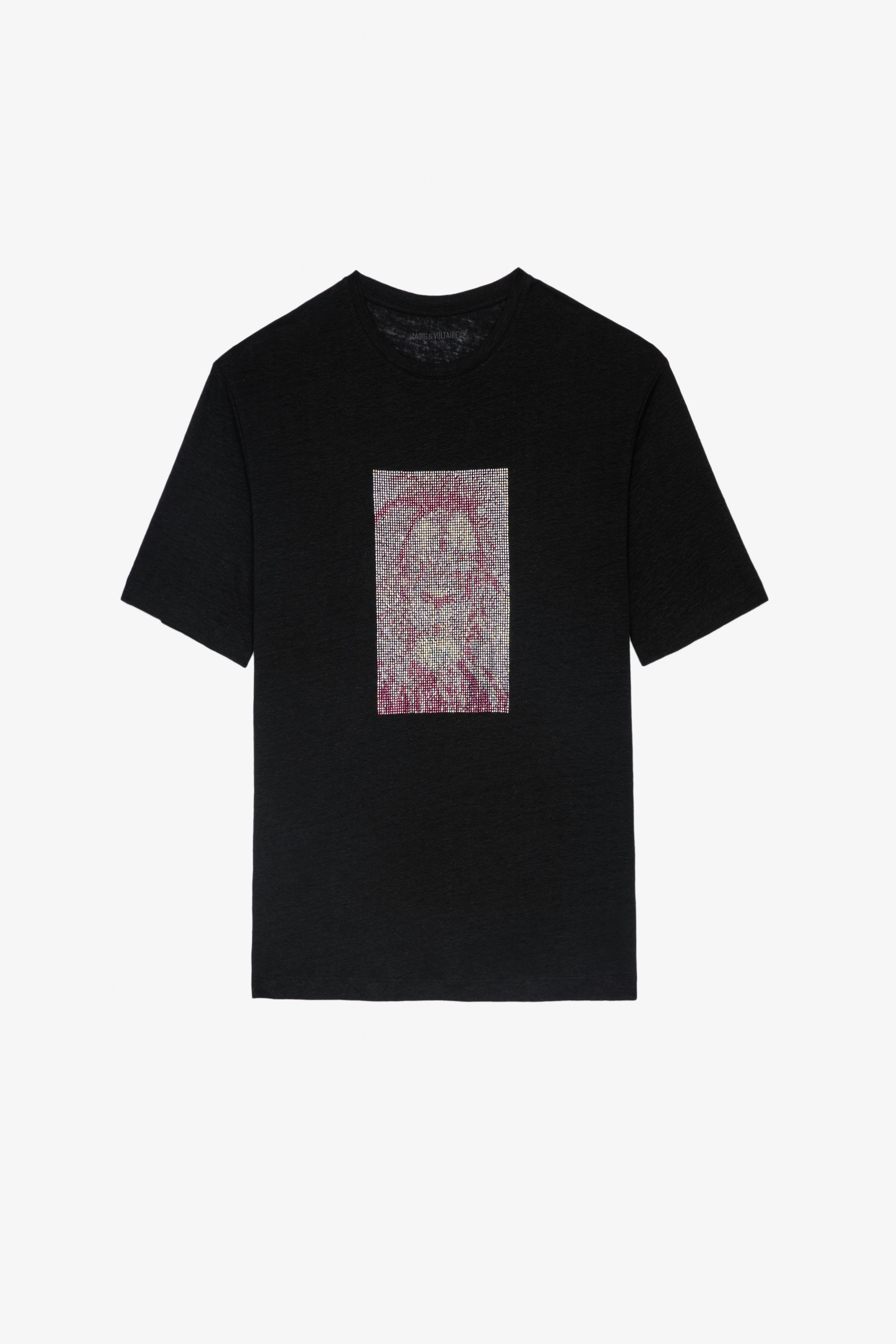 Suzy Linen T-Shirt ブラックリネン ライオンとクリスタルのコントラストTシャツ レディース