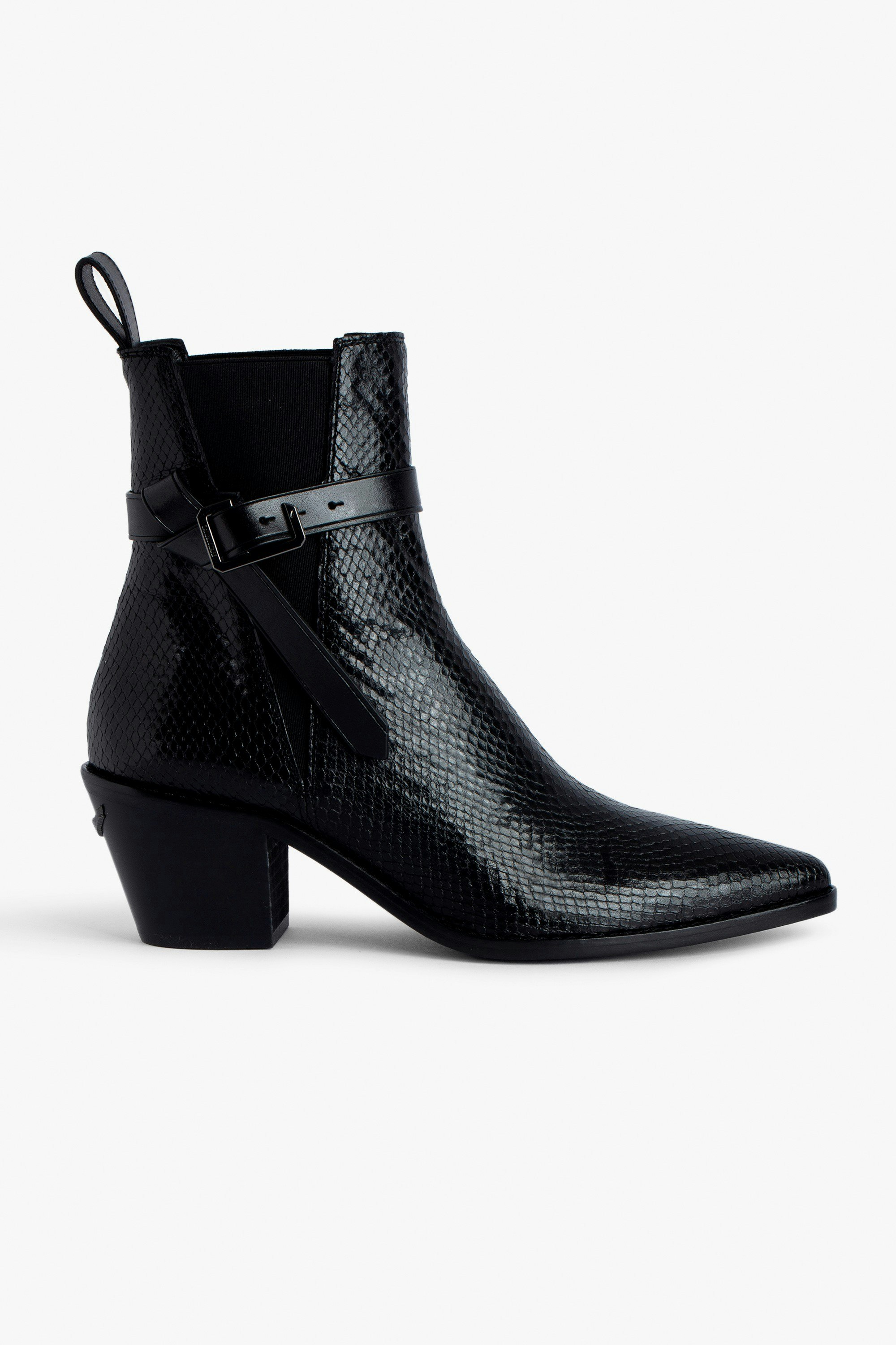 Tyler Ankle Boots Women’s exotic black python-effect leather ankle boots with C buckle.