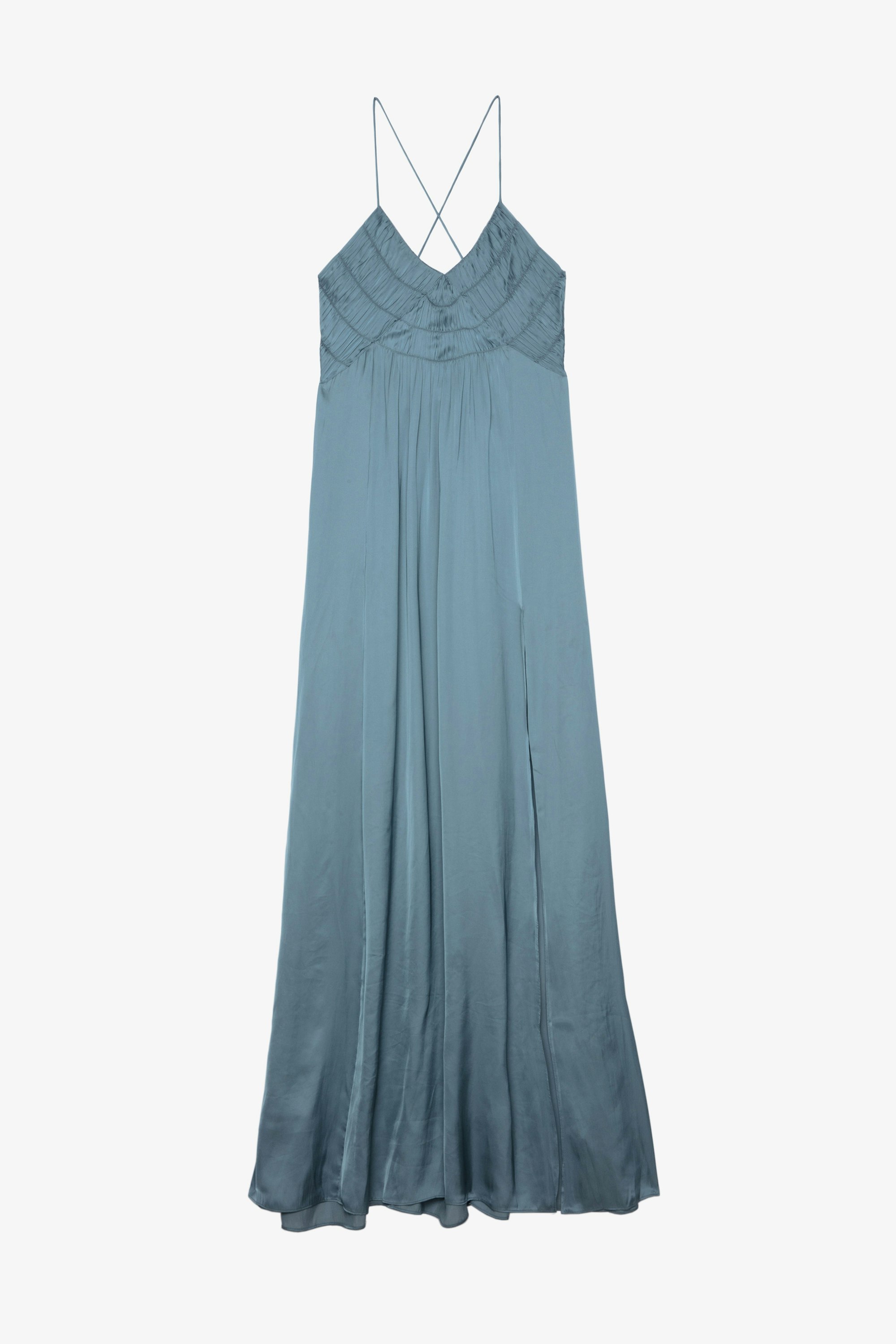Rayonne Satin Dress Women's long dress in gathered blue satin with thin straps