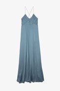Satin Rayon Dress - Women's long dress in gathered blue satin with thin straps