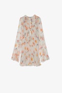 Rackel Dress - Women's short asymmetrical off-white dress with floral print and ruffles