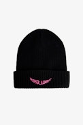 Susana Girls’ Beanie - Girls black wool mix beanie with wings motif on front.