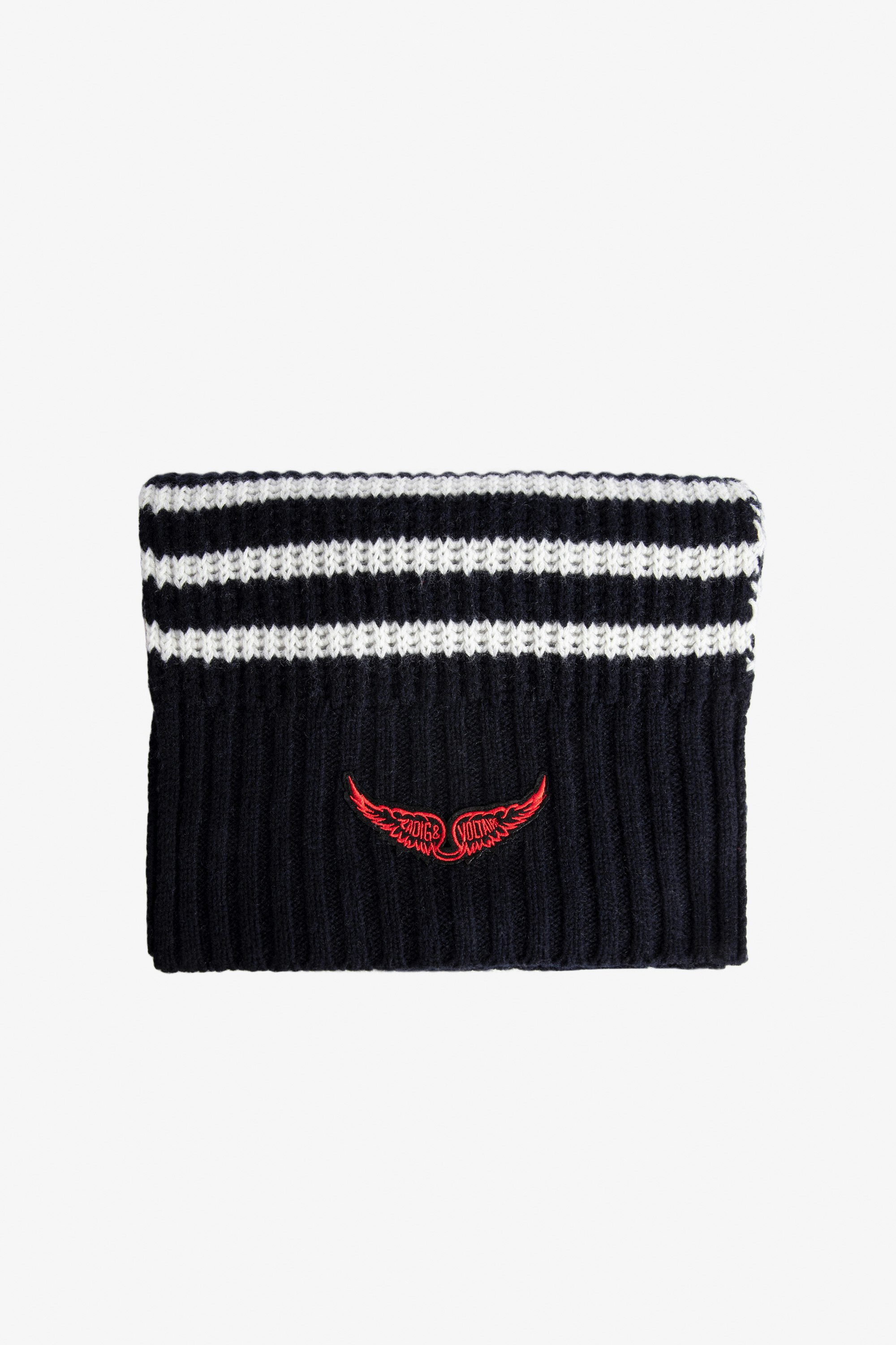 Ellane Girls’ Scarf Girls’ navy blue wool mix scarf with stripes and embroidered wings.