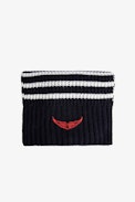 Ellane Girls’ Scarf - Girls’ navy blue wool mix scarf with stripes and embroidered wings.