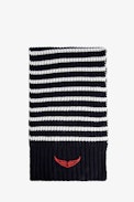 Ellane Girls’ Scarf - Girls’ navy blue wool mix scarf with stripes and embroidered wings.