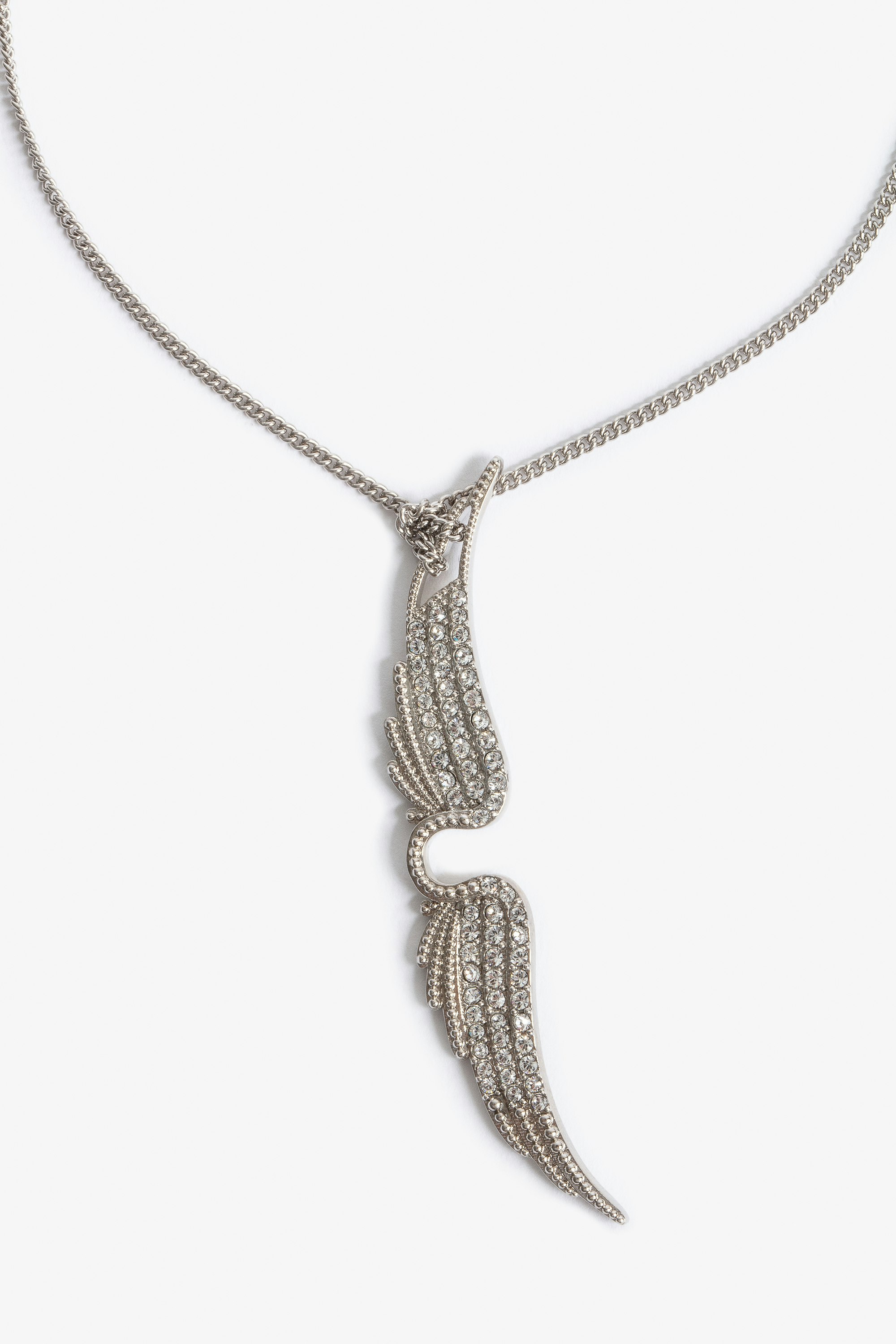 Rock Long Necklace - Long silver-tone brass necklace with iconic crystal-embellished wings.