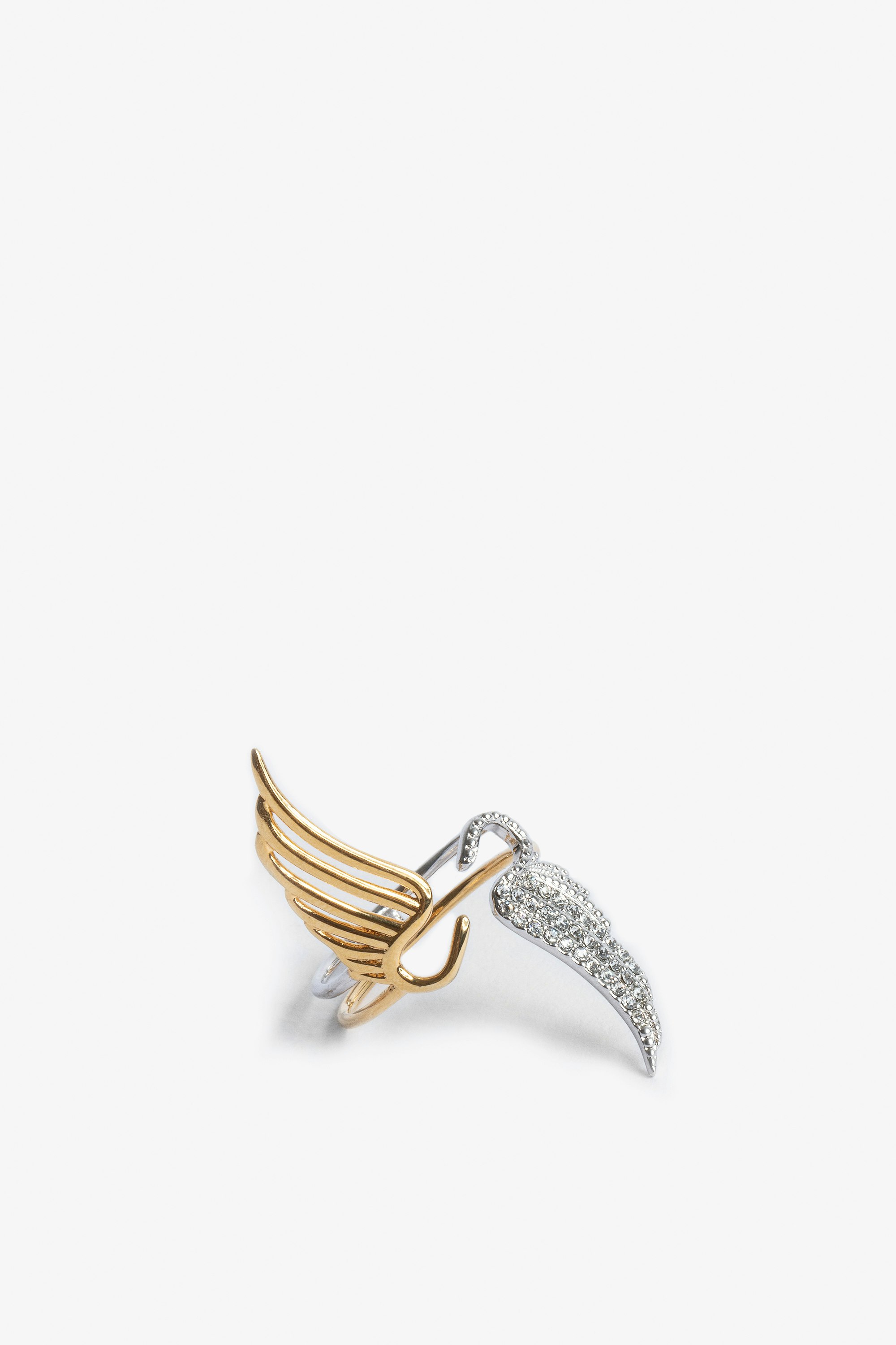 Rock Over 指輪 片面がゴールドプレートのブラスの翼、もう片面がクリスタルのトワ エ モワリング