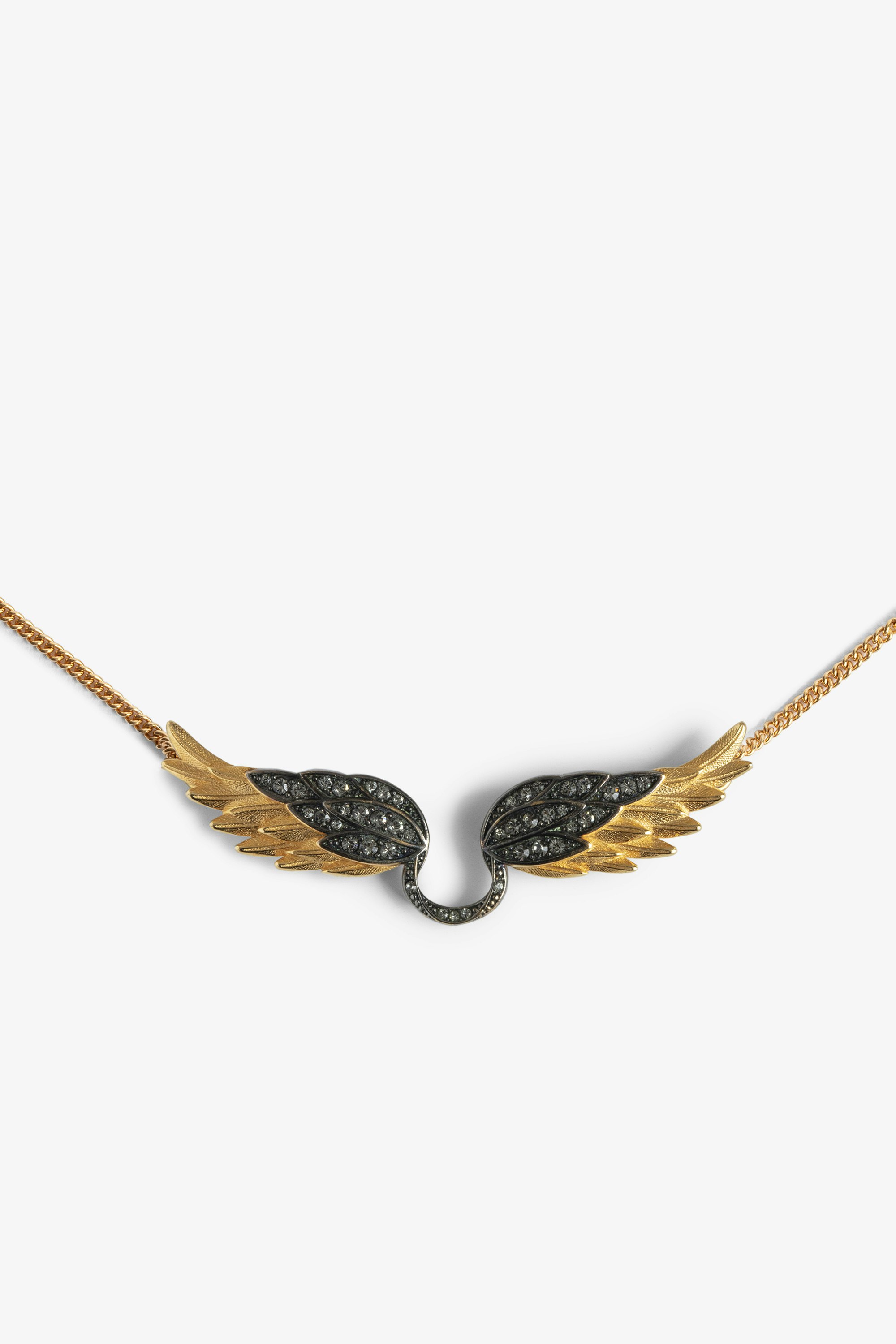 Rock Feather Necklace - Chain necklace with crystal-embellished wings pendant.