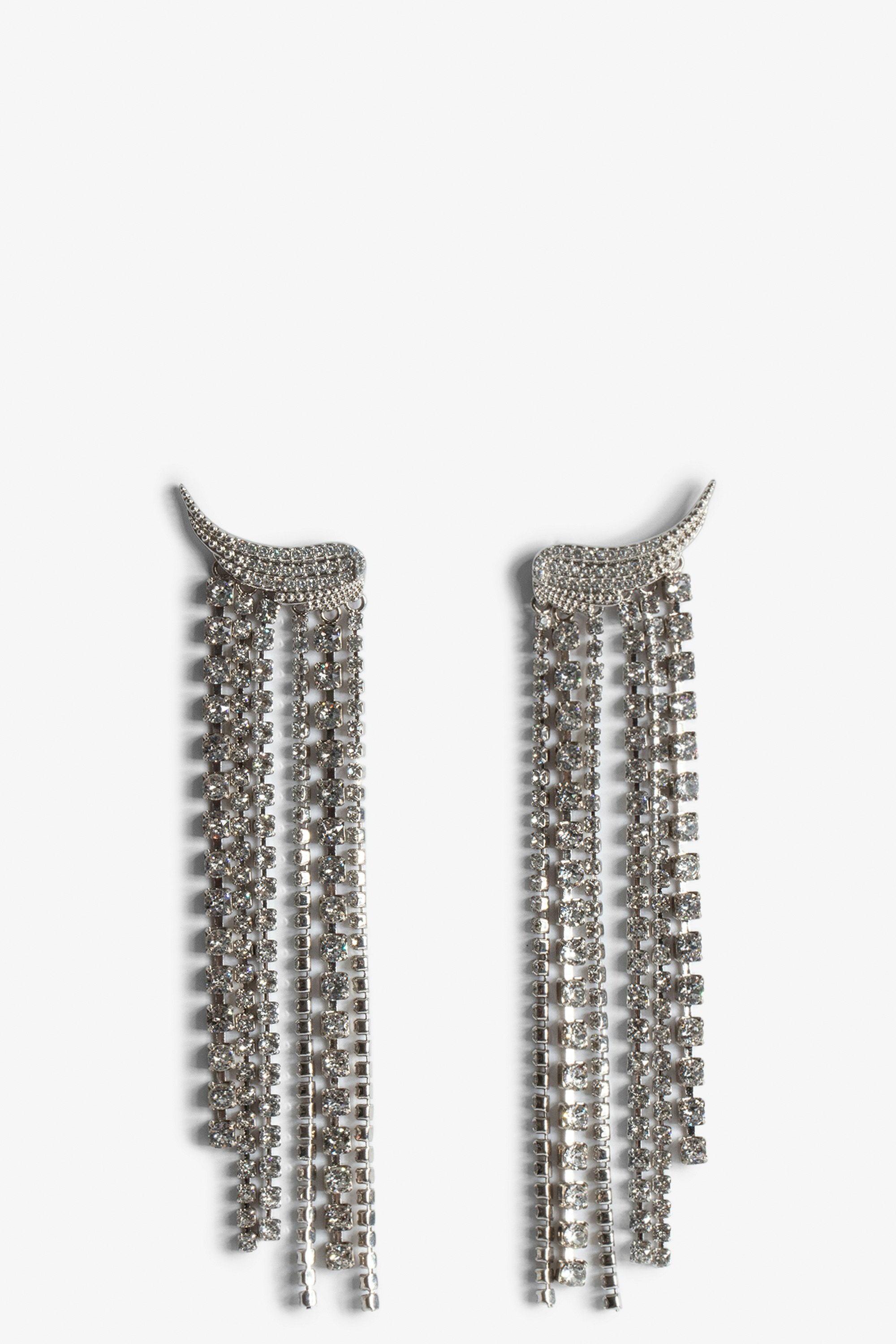 Rock Color Earrings - Silver-tone brass drop earrings with diamanté wings and tassels.
