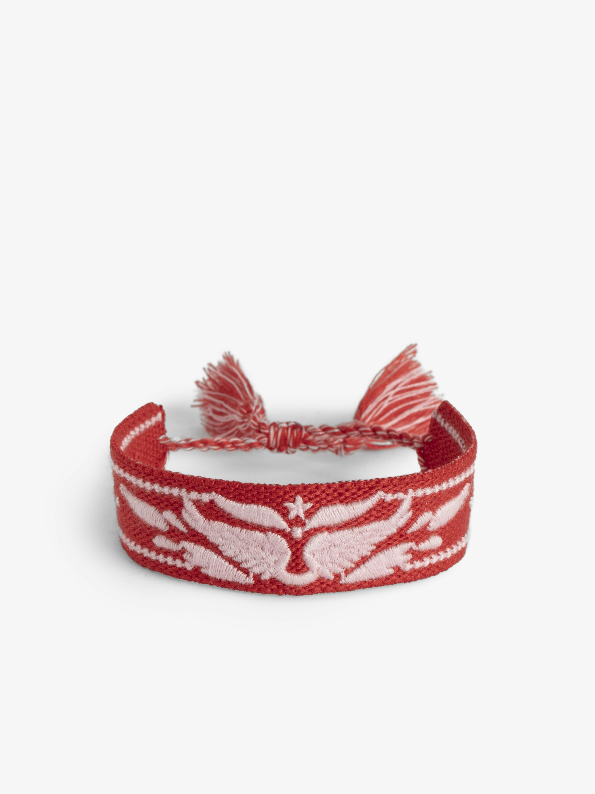 Pulsera Tejida Zadig - Pulsera tejida roja adornada con alas bordadas y cordones.