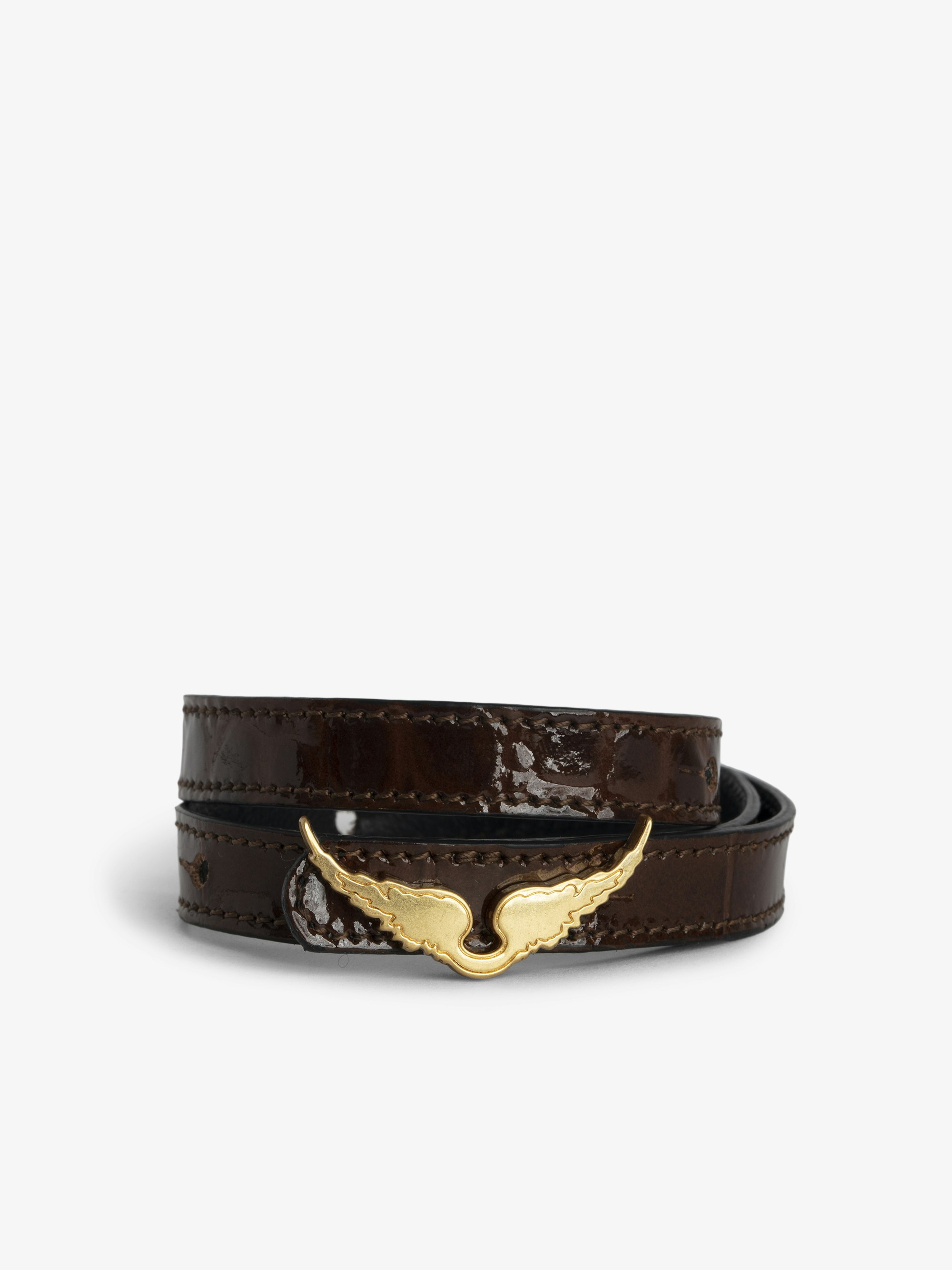 Rock Leather Bracelet - Brown croc-effect embossed leather bracelet with gold wings clasp.