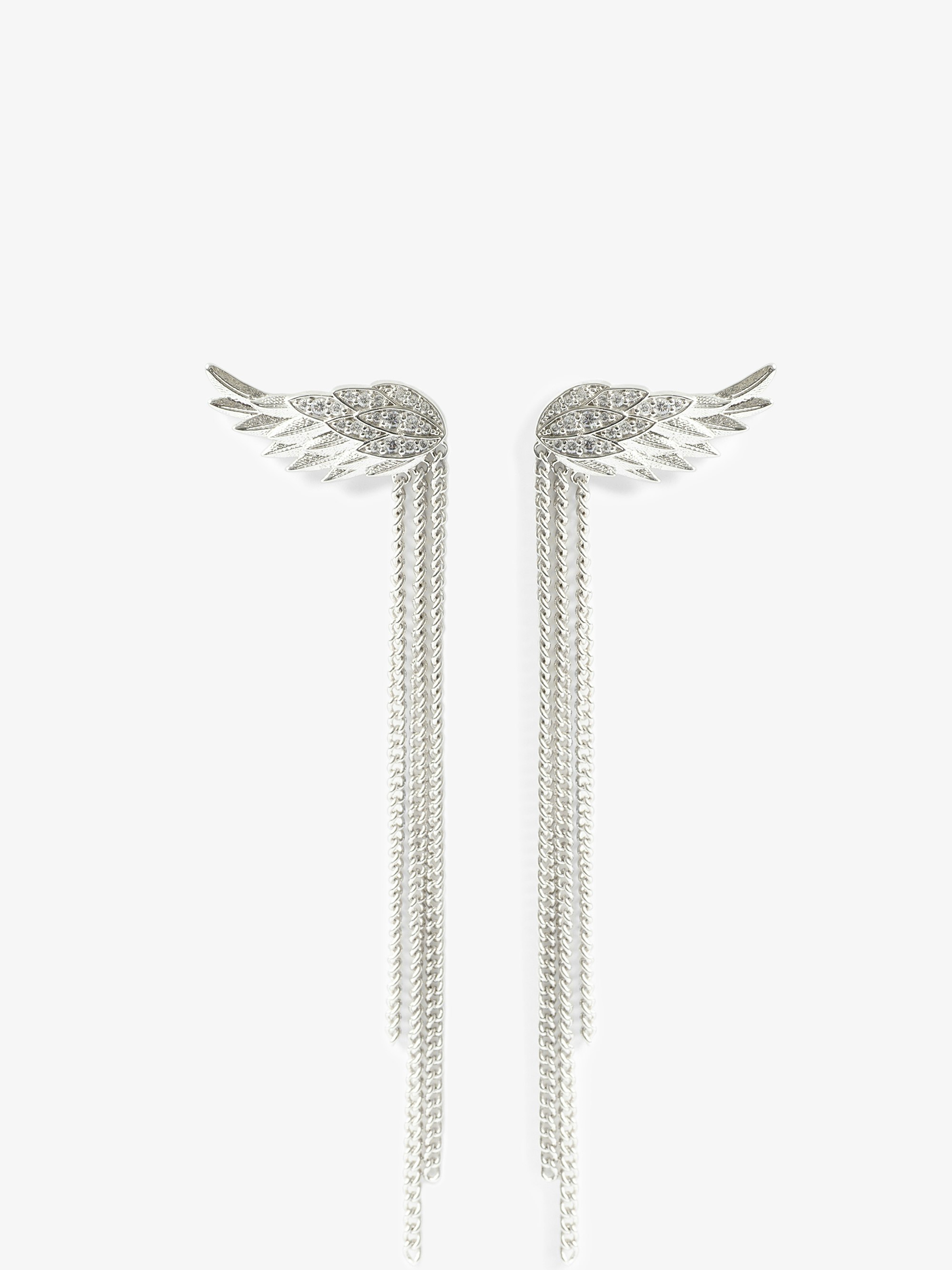 Rock Feather Chain Earrings - Brass earrings with rhinestone-set wings and chains.