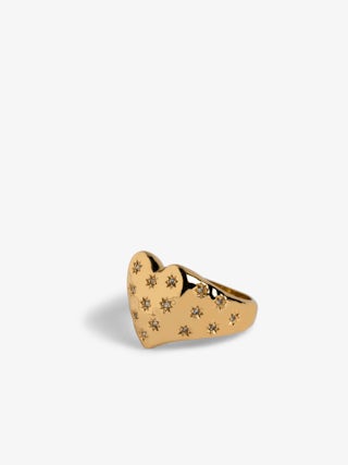Heartbreaker Over Strass Ring - Heart ring in hammered gold-plated brass set with rhinestones.