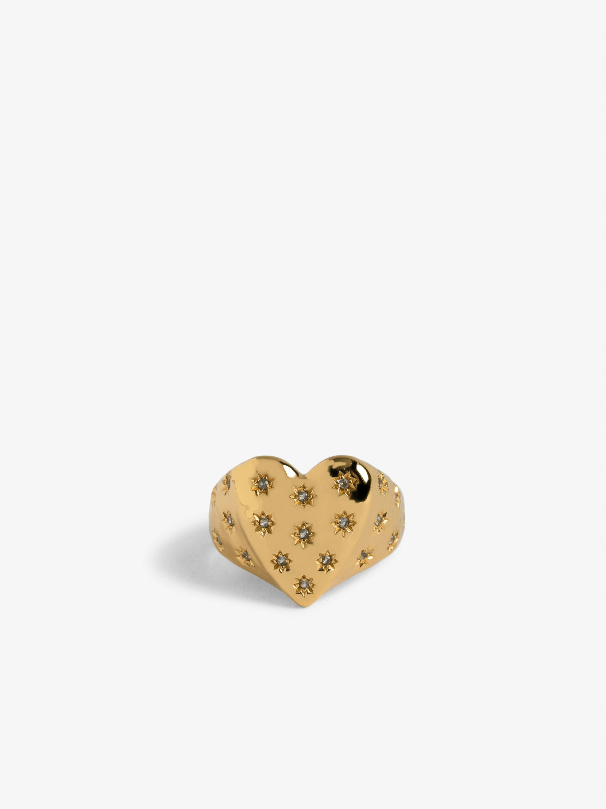 Heartbreaker Over Strass Ring - Heart ring in hammered gold-plated brass set with rhinestones.