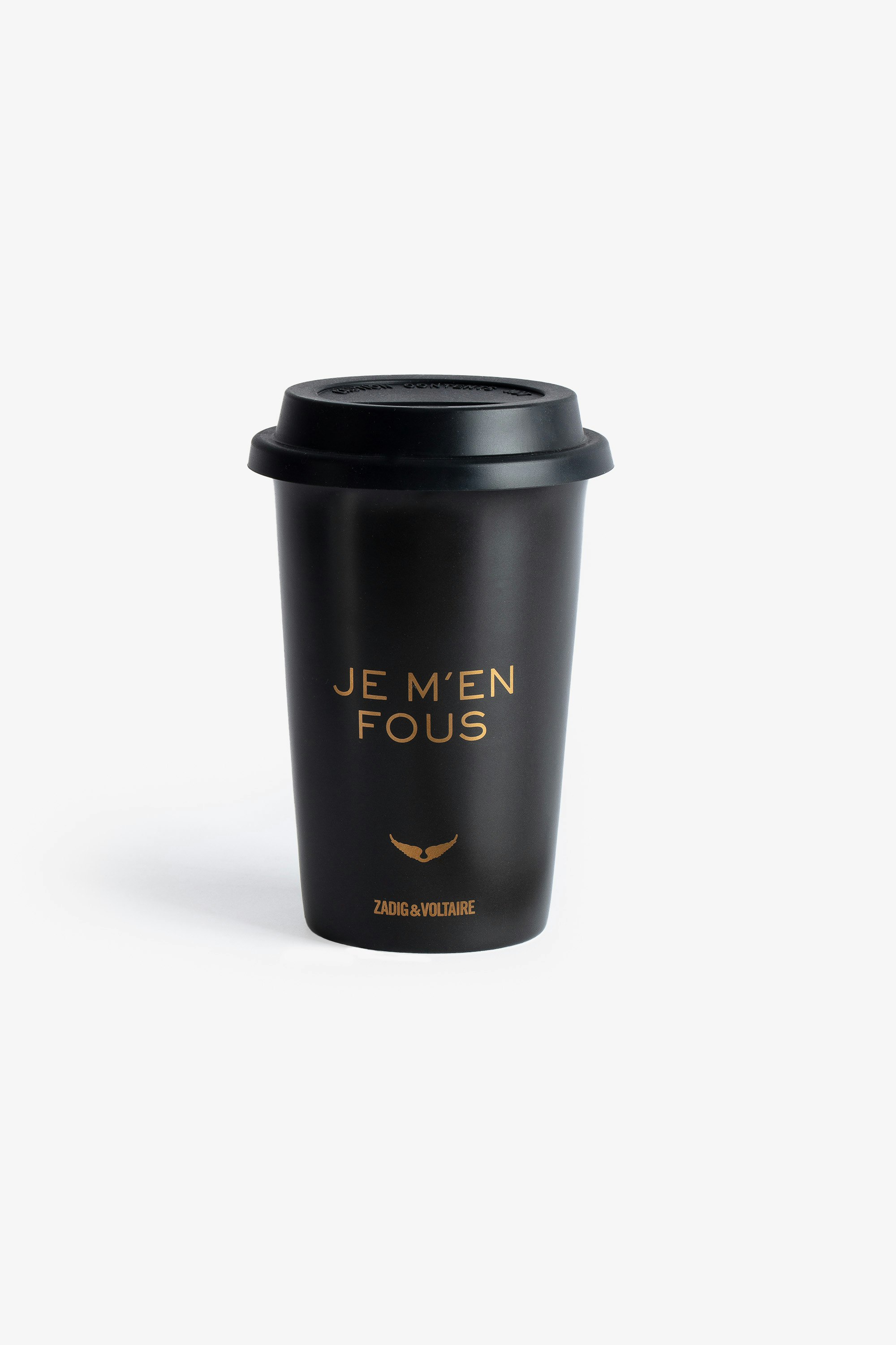 Cup of Joy - Voltaire Vice black ceramic mug with lid decorated with slogans, the wings motif and Zadig&Voltaire signature.