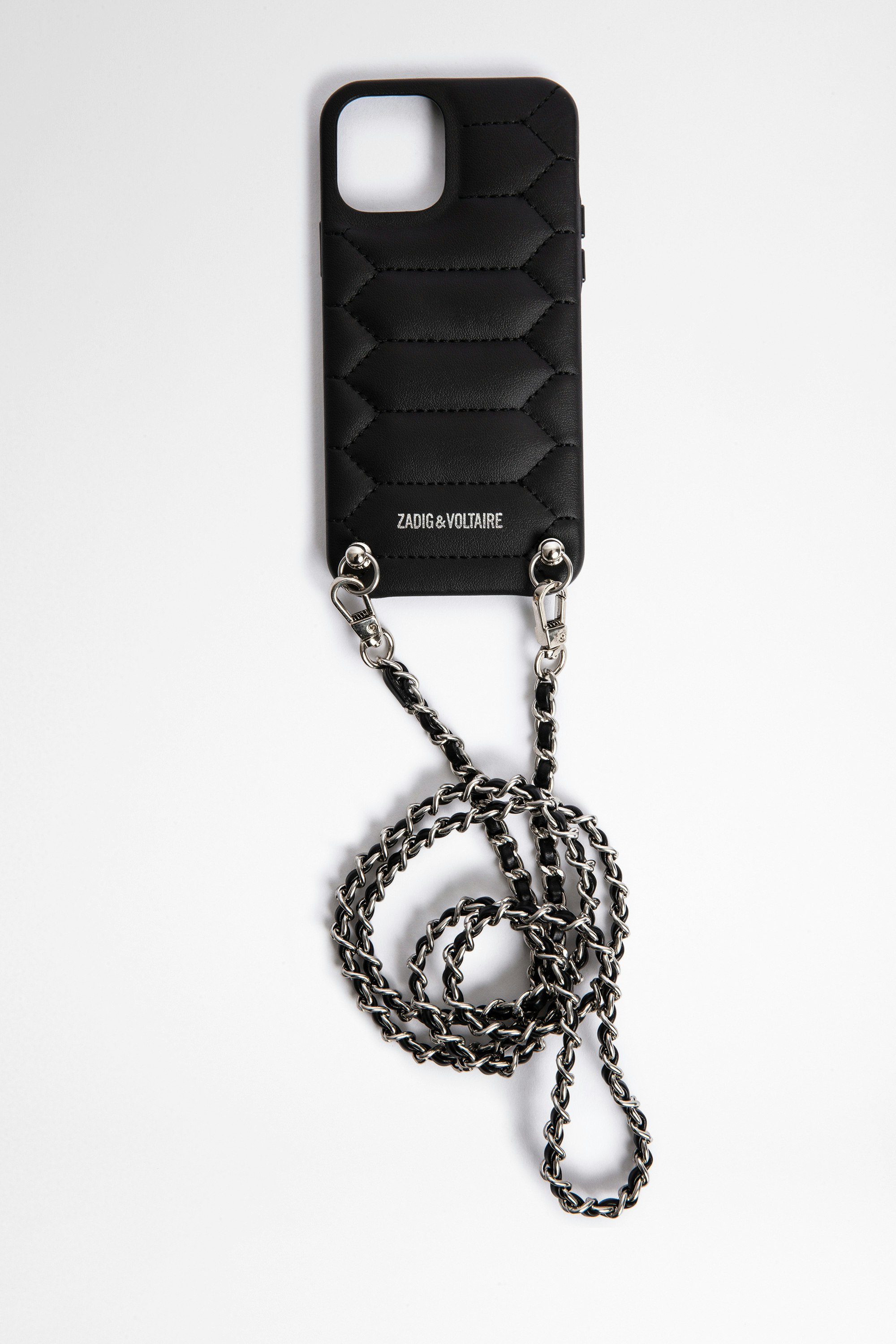 XL Scale iPhone 12 ケース Black leather-effect iPhone 12 case with chain shoulder strap