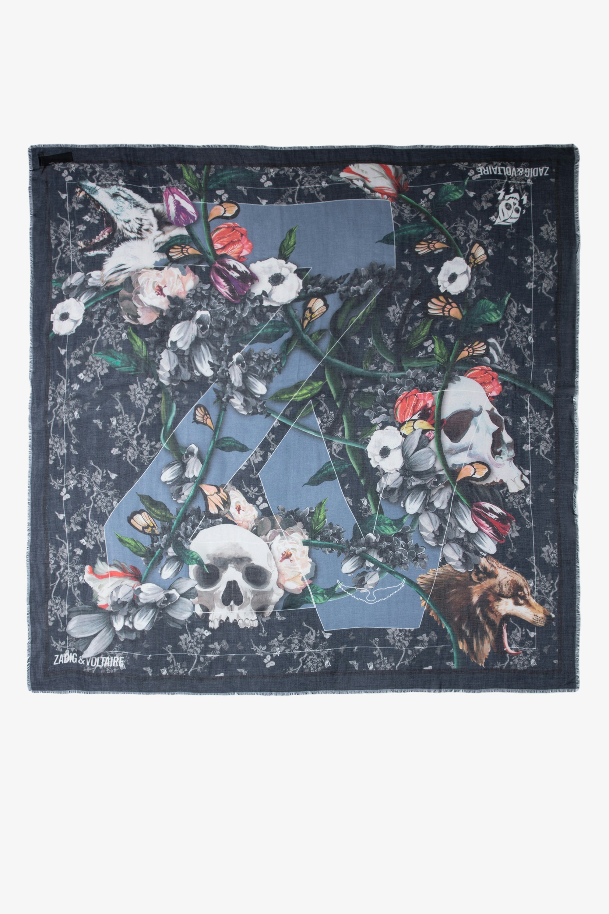 Pañuelo Kerry - Pañuelo negro para mujer con estampado de flores, calavera y firma ZV