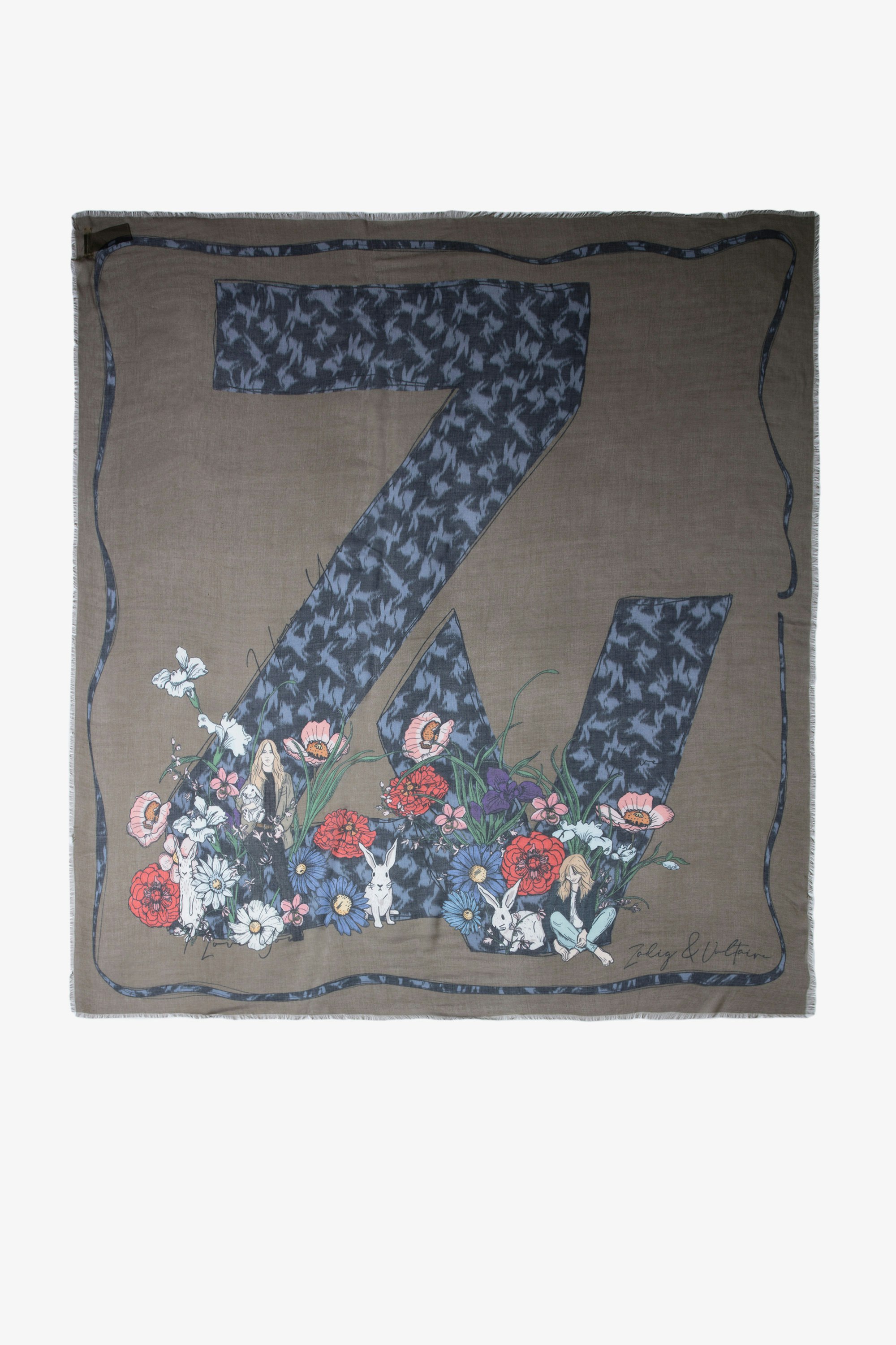 Pañuelo Kerry Pañuelo caqui para mujer con firma ZV adornada de flores