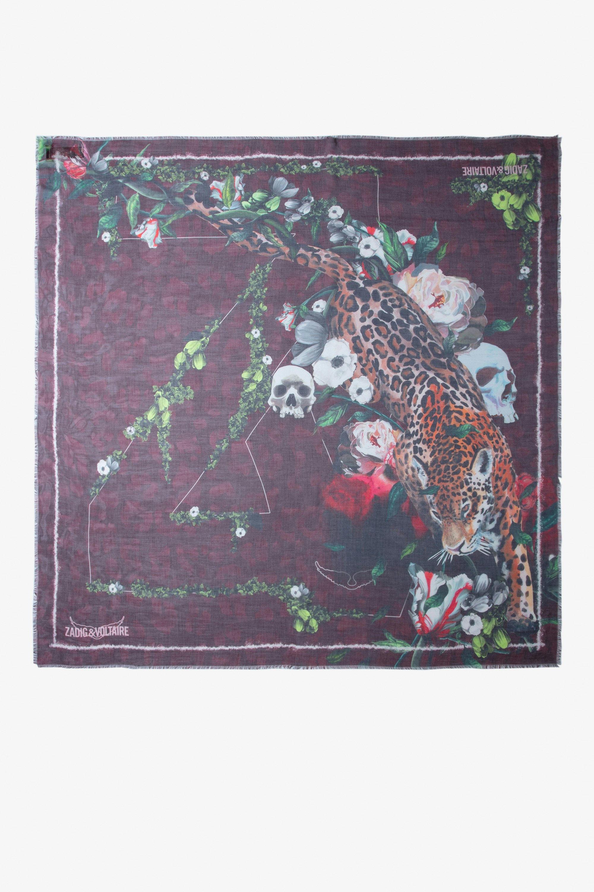 Kerry Scarf Women’s burgundy scarf with wild, floral and skull print and ZV signature.