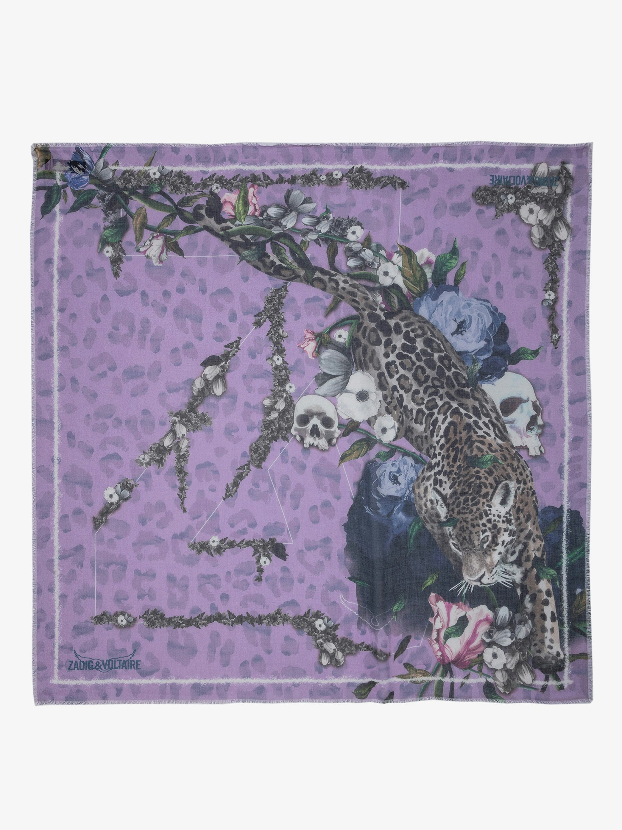 Kerry Scarf - Women’s purple scarf with leopard, floral and skull print and ZV signature.