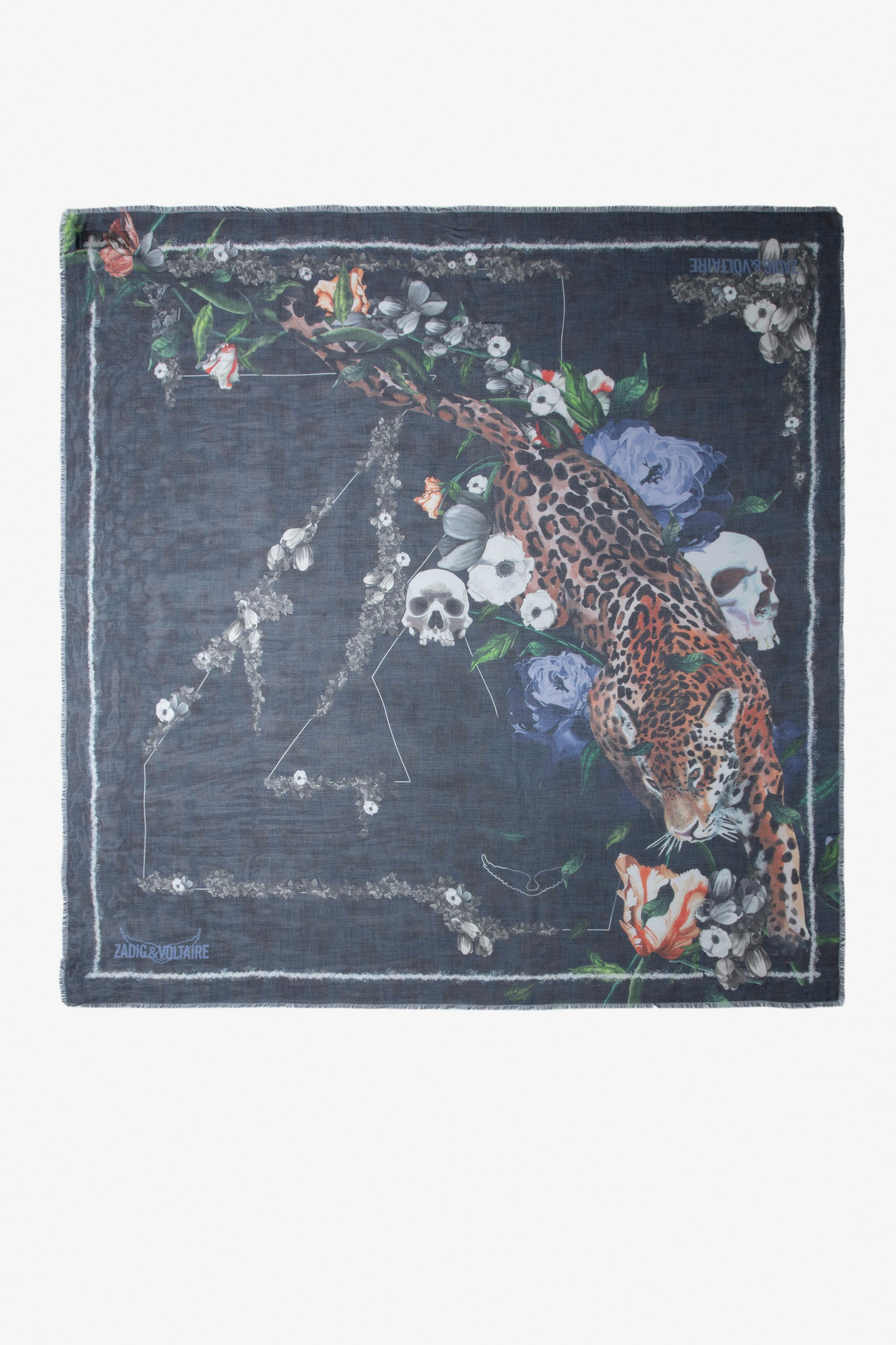 Kerry Scarf Women’s navy blue scarf with wild, floral and skull print and ZV signature.