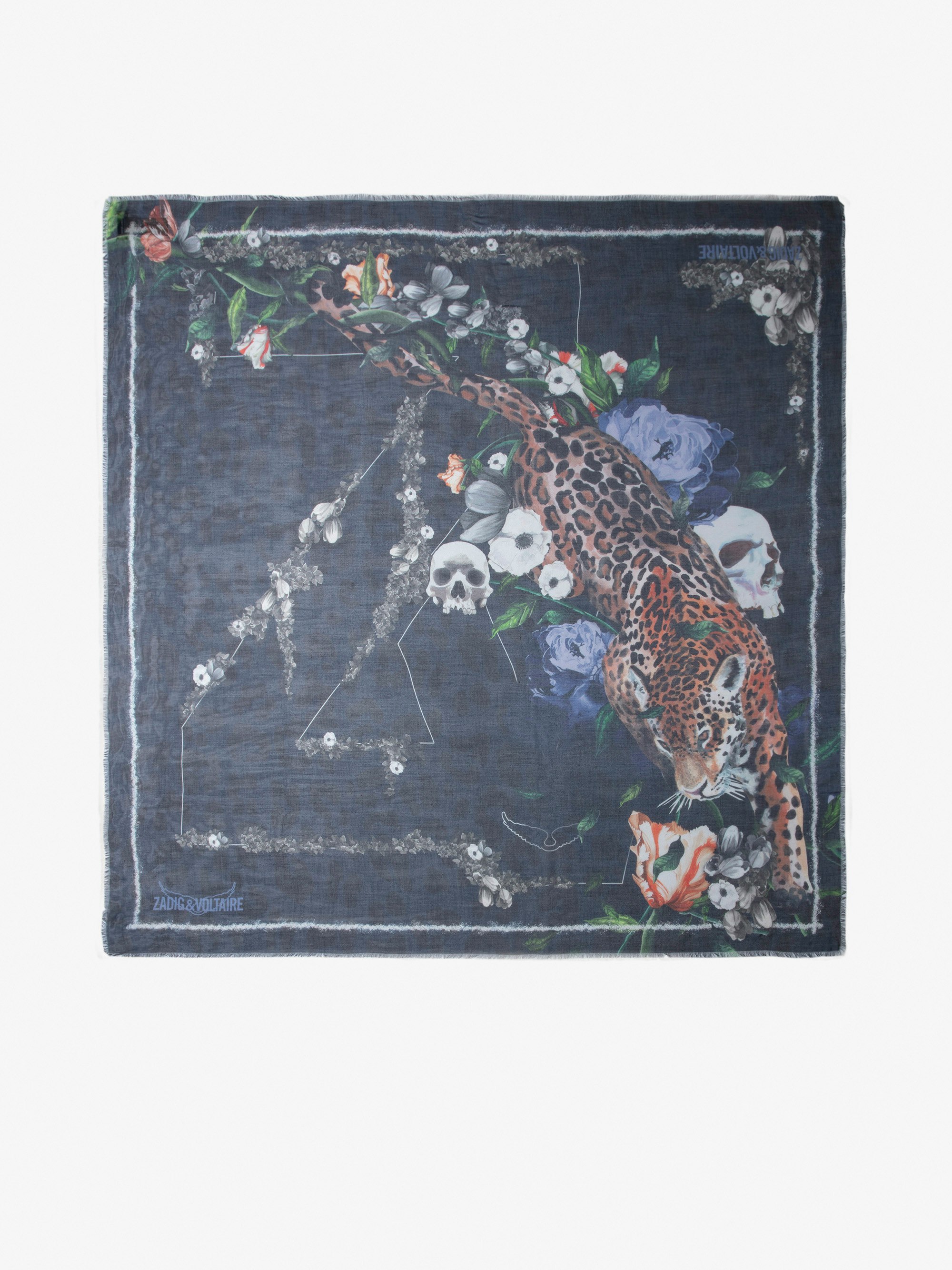 Halstuch Kerry - Marineblaues Halstuch mit Wild-, Blumen- und Totenkopf-Print und ZV-Logo für Damen.