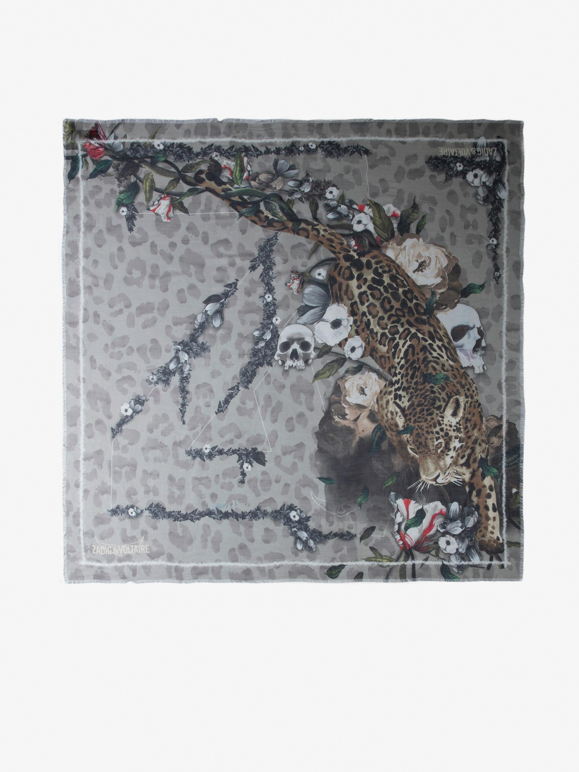 Kerry Scarf - Women’s khaki scarf with wild, floral and skull print and ZV signature.