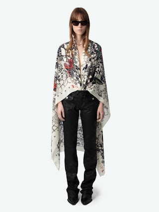 Blondie Butterfly Lace 130 Schal - Cremefarbener Seidenschal mit Schmetterlings- und Spitzendruck.