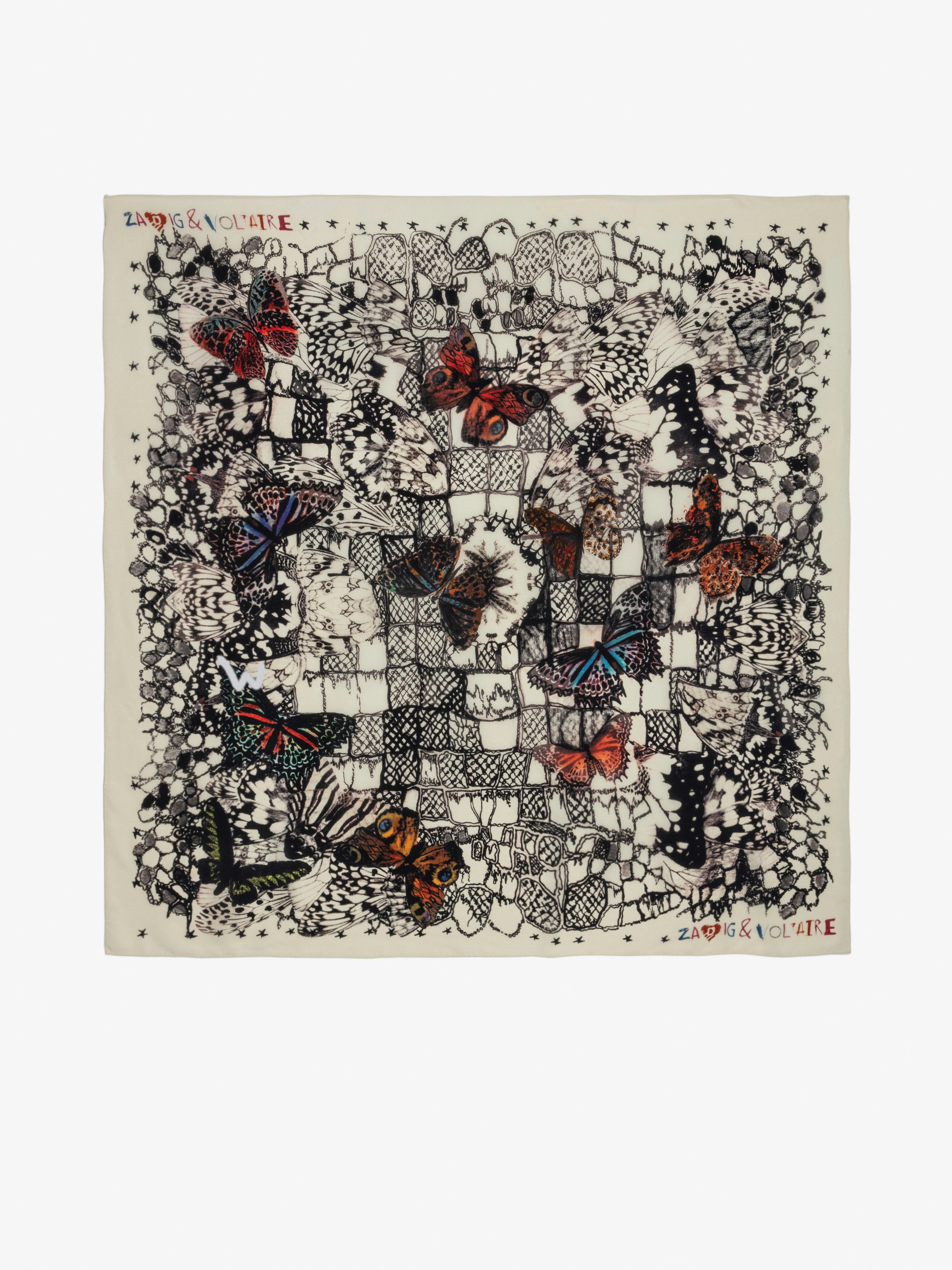 Foulard Blondie Butterfly Lace 130 - Foulard écru en soie à imprimé papillon et dentelle.