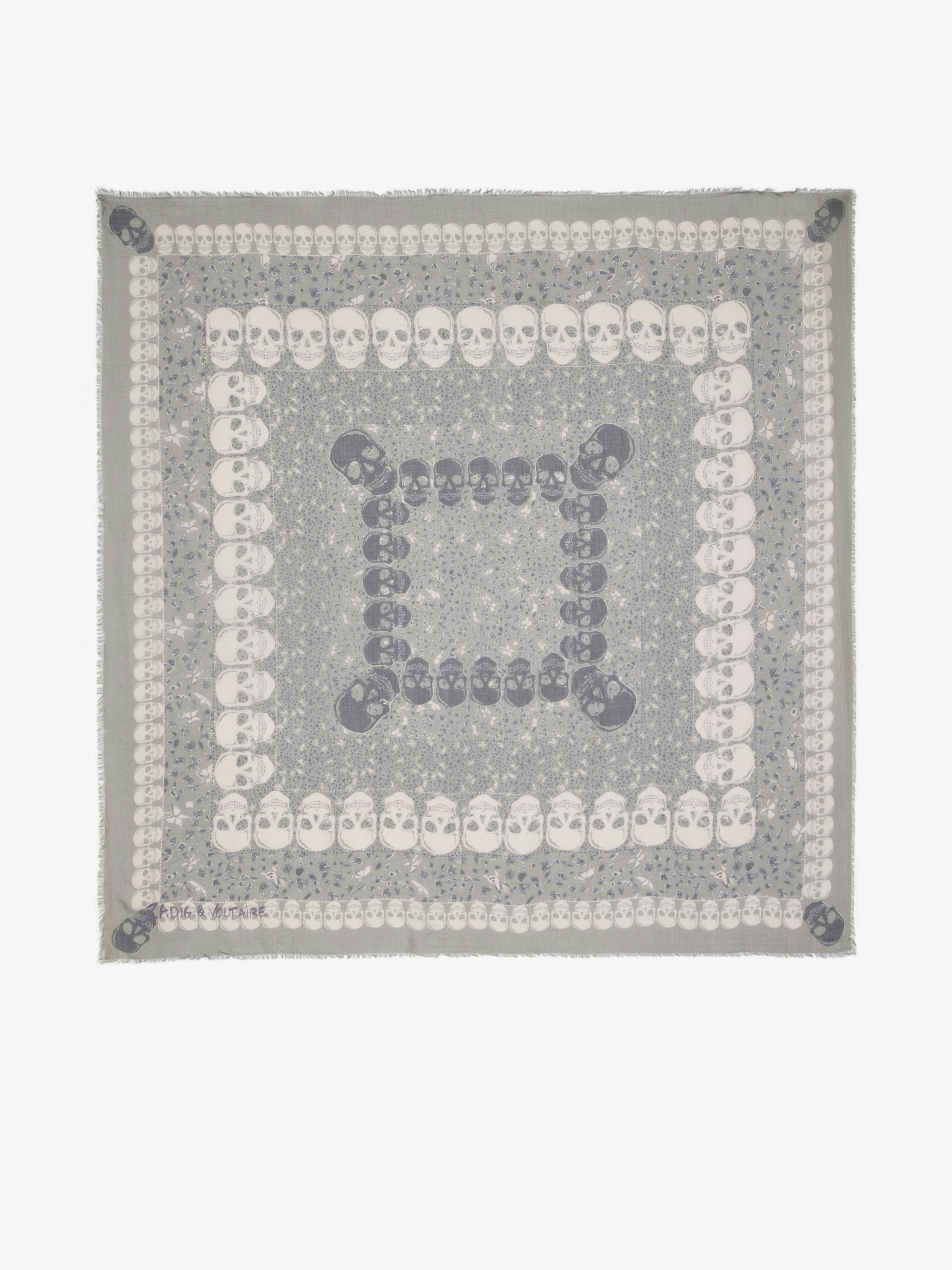 Foulard Kerry Garden 135 - Foulard in modal con stampa teschi e fiori.