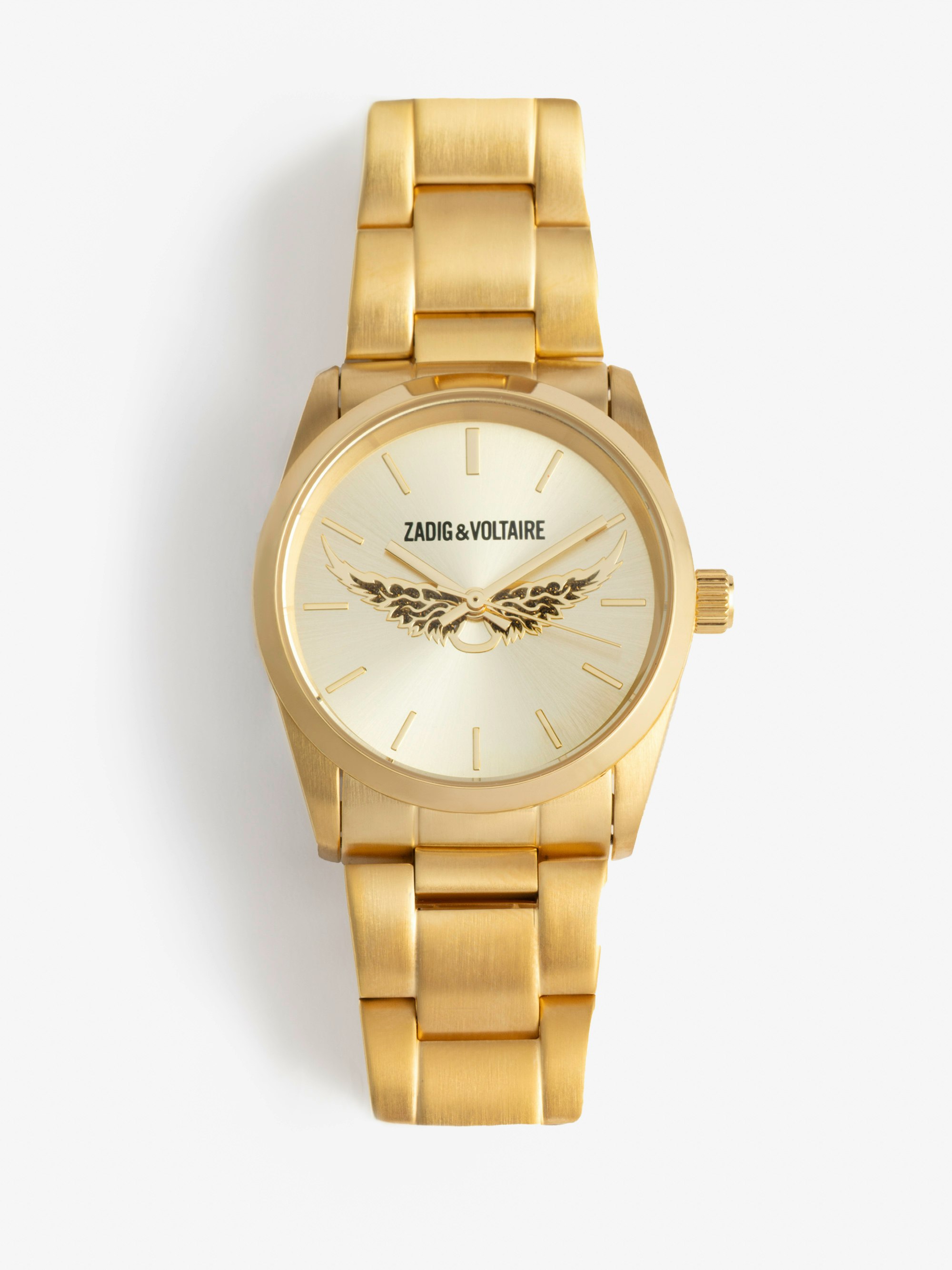 Zadig Wings Watch - Stainless steel watch with gold dial featuring butterfly and steel bracelet.