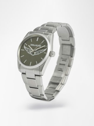Montre Zadig Wings - Montre en acier inoxydable, avec cadran kaki avec ailes silver et bracelet acier.