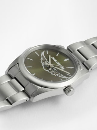 Montre Zadig Wings - Montre en acier inoxydable, avec cadran kaki avec ailes silver et bracelet acier.