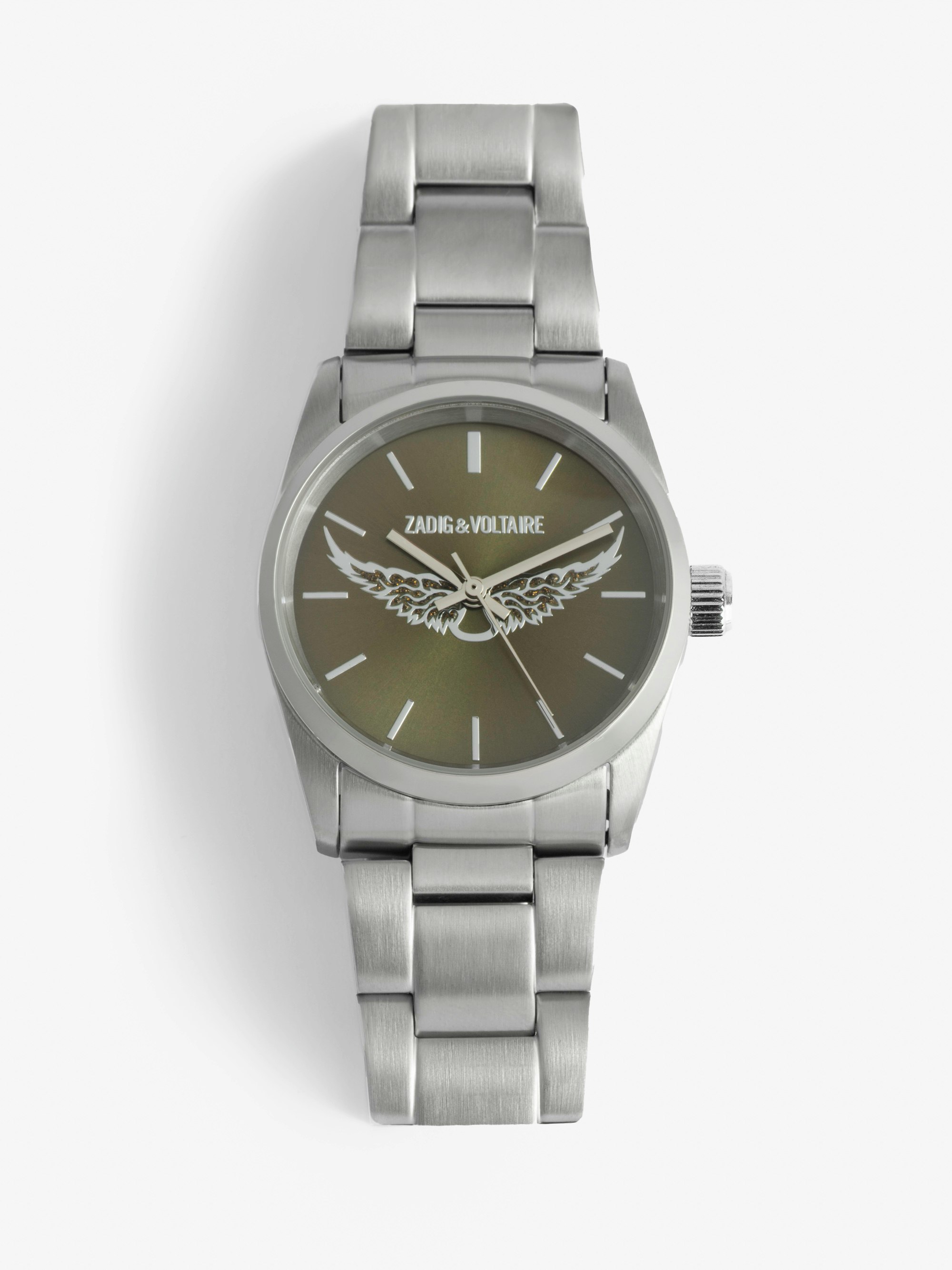 Zadig Wings Watch - Stainless steel watch with khaki dial featuring silver wings and steel bracelet.