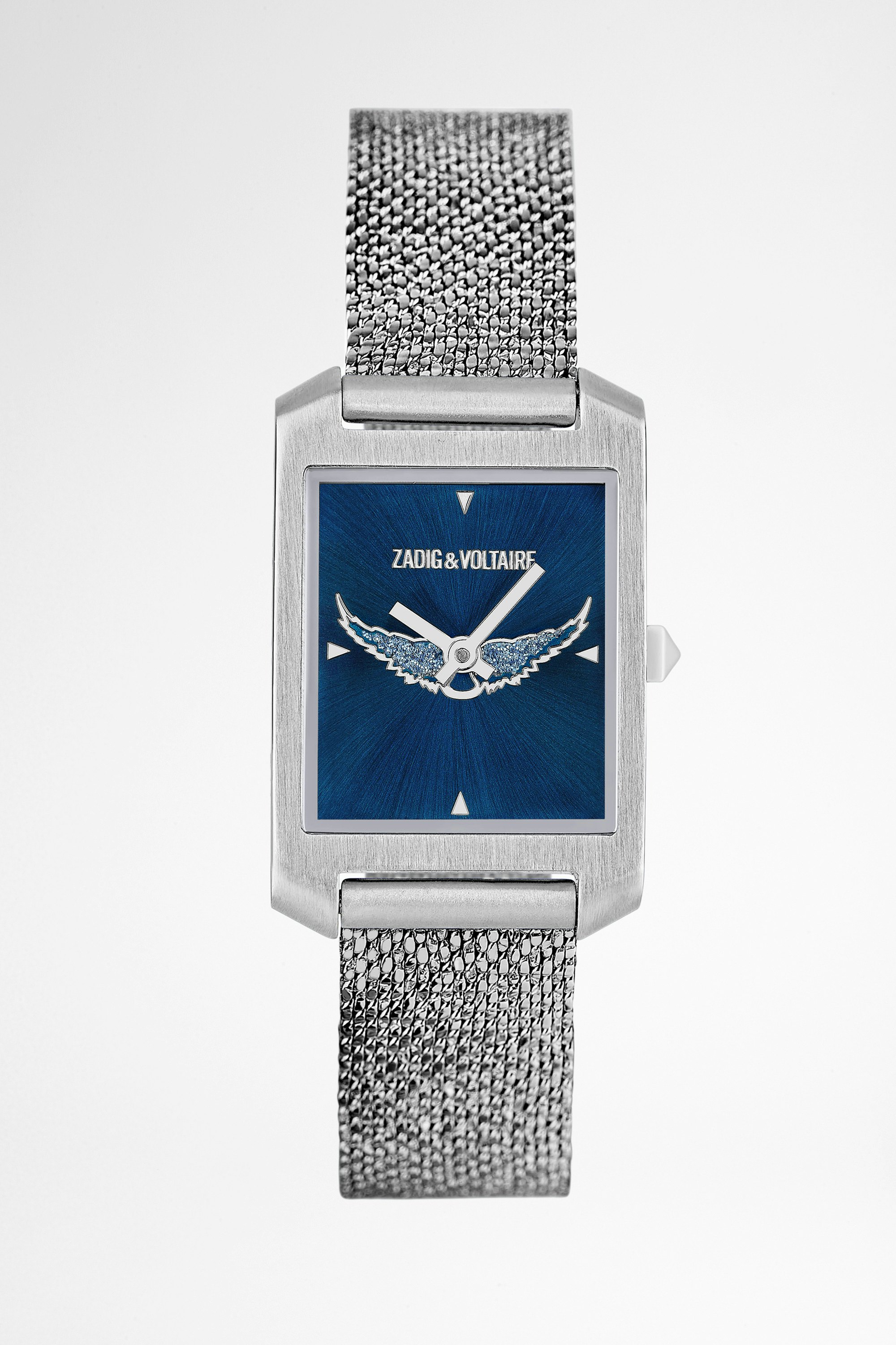Uhr Timeline Blue Wing Silberfarbene Timeline-Damenuhr aus Edelstahl mit blauem Zifferblatt