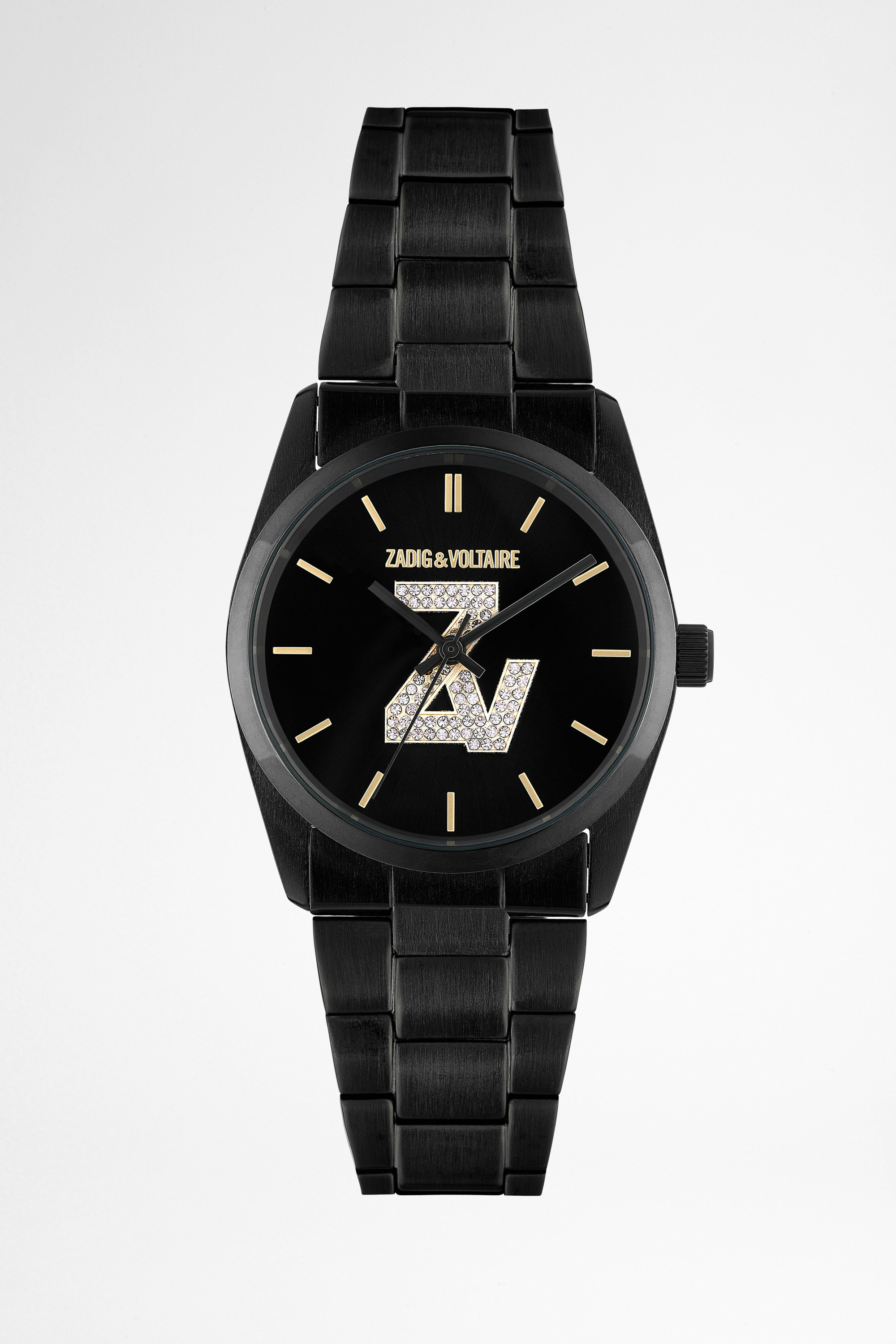 Reloj ZV Glitter Fusion Reloj de acero negro de mujer con iniciales ZV con cristales