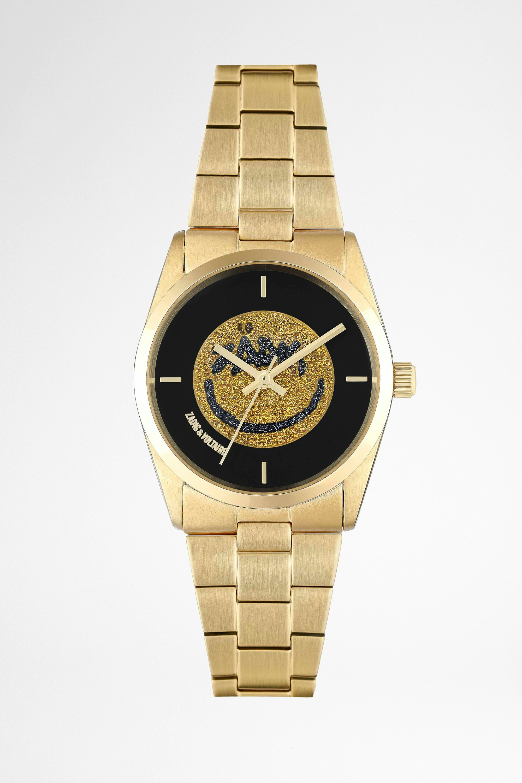 Uhr Fusion Happy Glitzer Damenuhr aus goldfarbenem Edelstahl mit schwarzem Zifferblatt und Happy Glitzermotiv