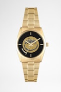 Fusion Happy Glitter Watch - Women’s gold-tone steel watch featuring a black dial with happy glitter background