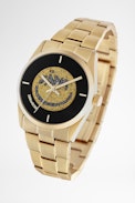 Fusion Happy Glitter Watch - Women’s gold-tone steel watch featuring a black dial with happy glitter background