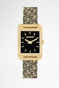 Reloj Mono Timeline Glitter ZV  - Reloj para mujer con esfera rectangular dorada y correa con monograma ZV